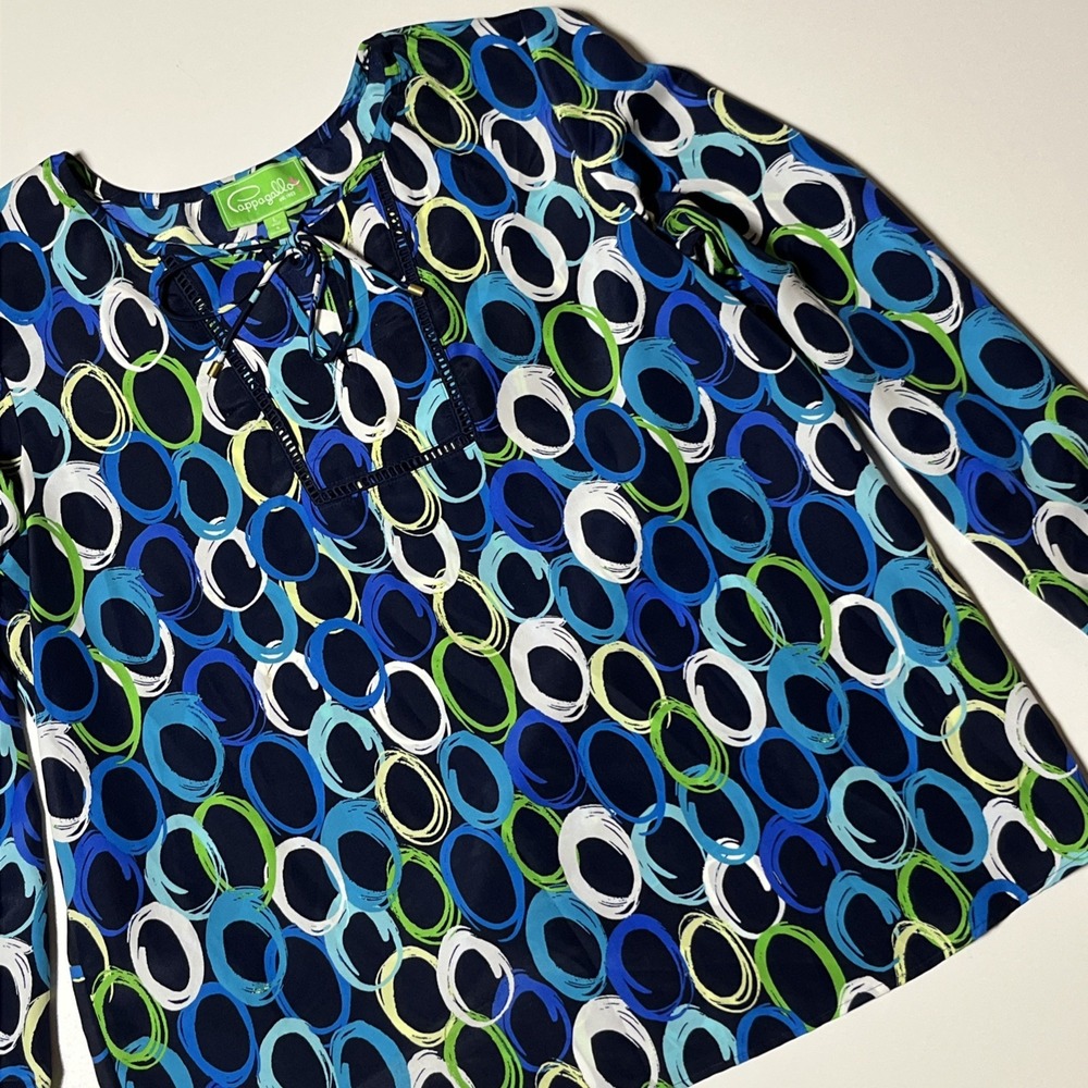 Pappagallo Lightweight Blouse Size L Blue Geometric Tie Front Puff Sleeve Top